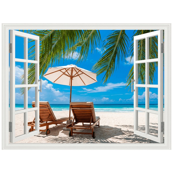 Vinilos Decorativos: Ventana Playa Tropical con Tumbona