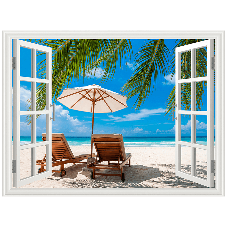 Vinilos Decorativos: Ventana Playa Tropical con Tumbona