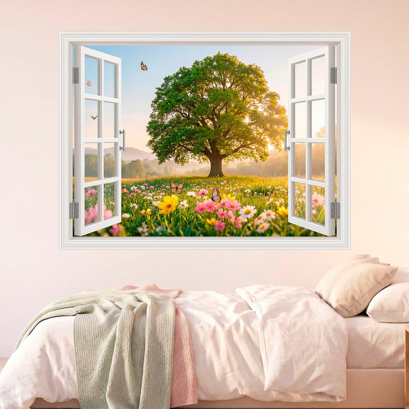 Vinilos Decorativos: Ventana Árbol en Campo de Flores