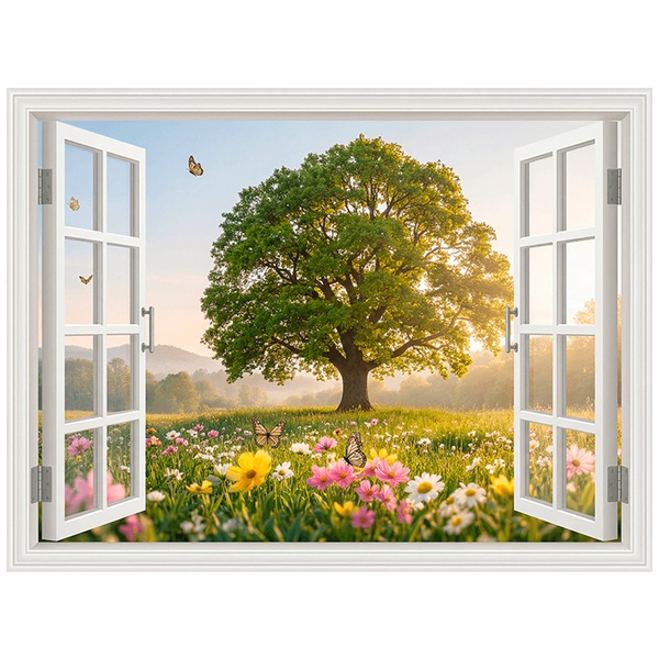 Vinilos Decorativos: Ventana Árbol en Campo de Flores