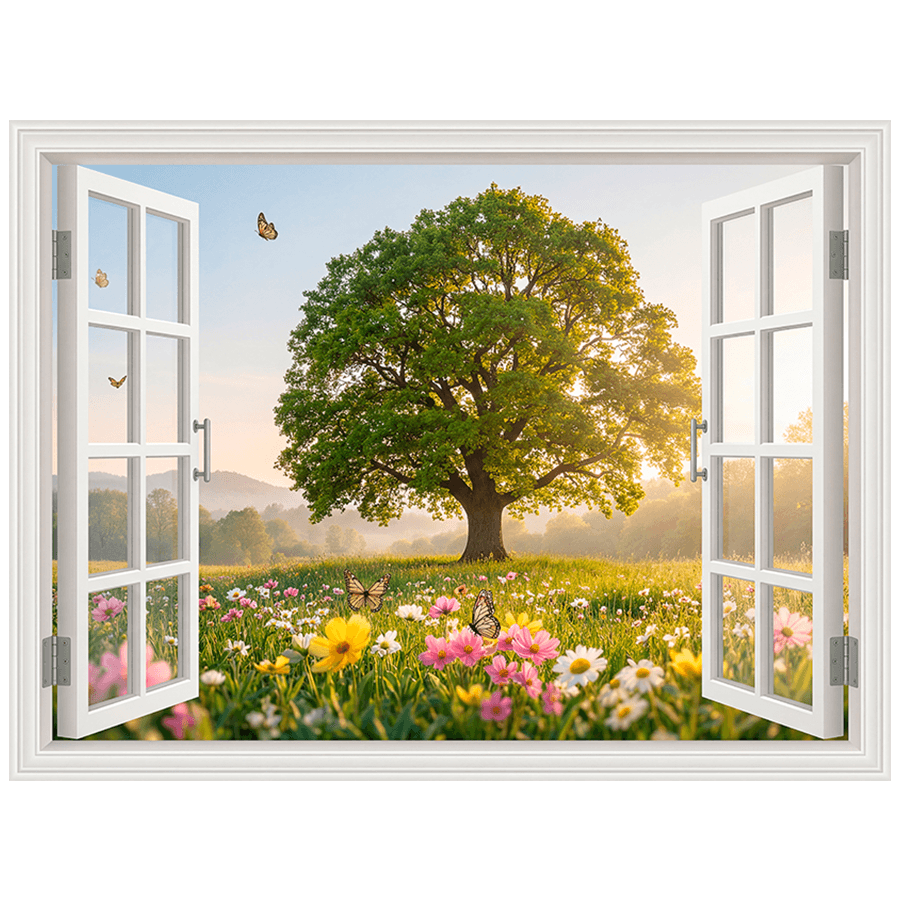 Vinilos Decorativos: Ventana Árbol en Campo de Flores