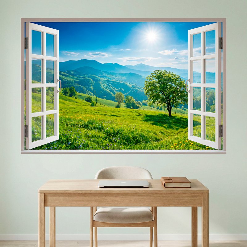 Vinilos Decorativos: Ventana Paisaje de Montañas Verdes