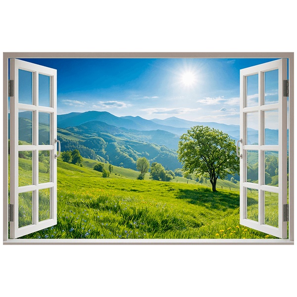 Vinilos Decorativos: Ventana Paisaje de Montañas Verdes