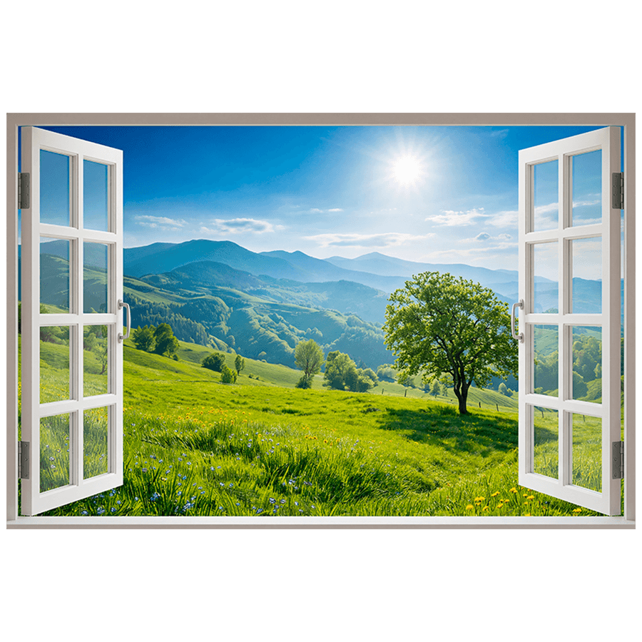 Vinilos Decorativos: Ventana Paisaje de Montañas Verdes