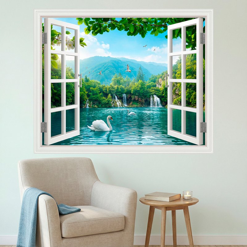 Vinilos Decorativos: Ventana Lago con Cisnes y Cascadas