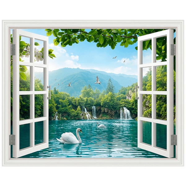 Vinilos Decorativos: Ventana Lago con Cisnes y Cascadas