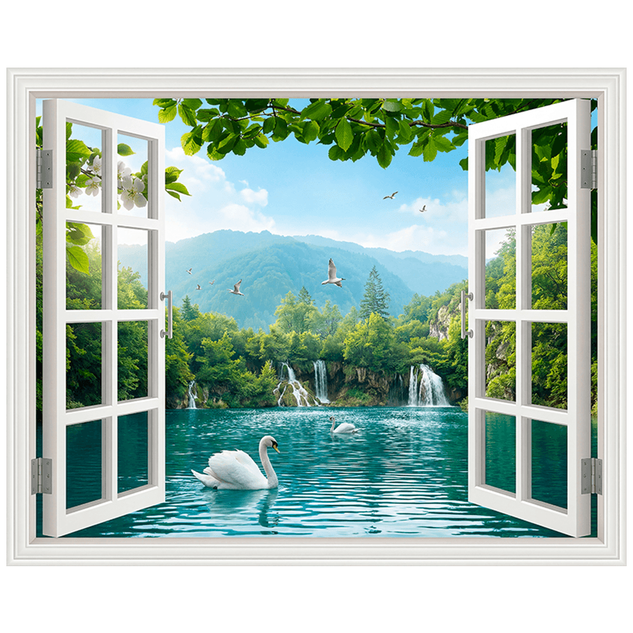 Vinilos Decorativos: Ventana Lago con Cisnes y Cascadas
