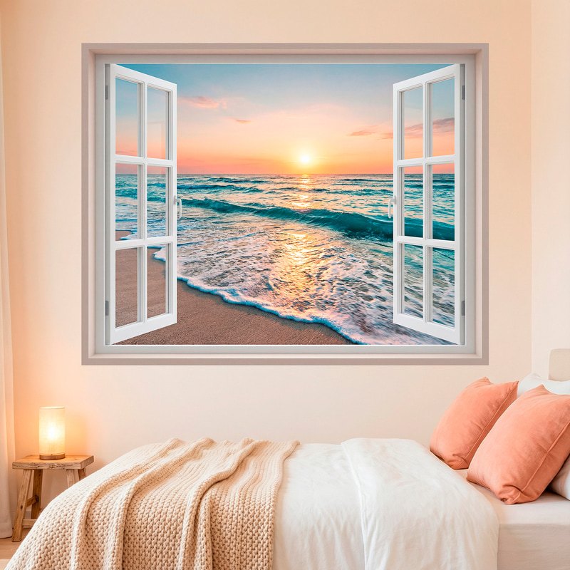 Vinilos Decorativos: Ventana Playa al Atardecer