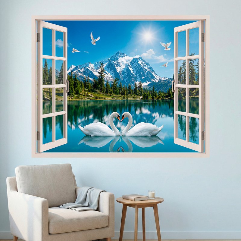 Vinilos Decorativos: Ventana Lago Alpino con Cisnes