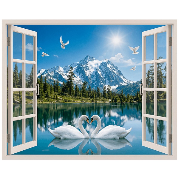 Vinilos Decorativos: Ventana Lago Alpino con Cisnes