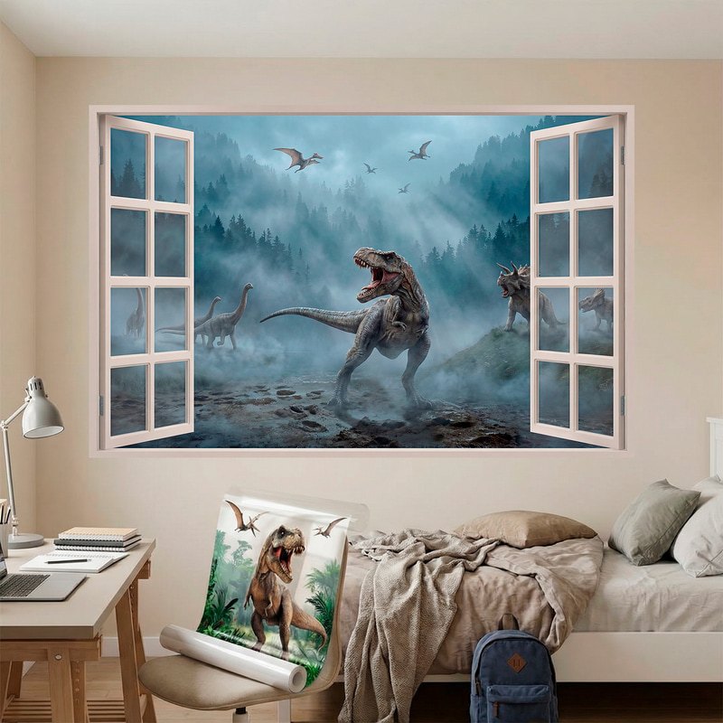 Vinilos Decorativos: Ventana Mundo de Dinosaurios Prehistóricos
