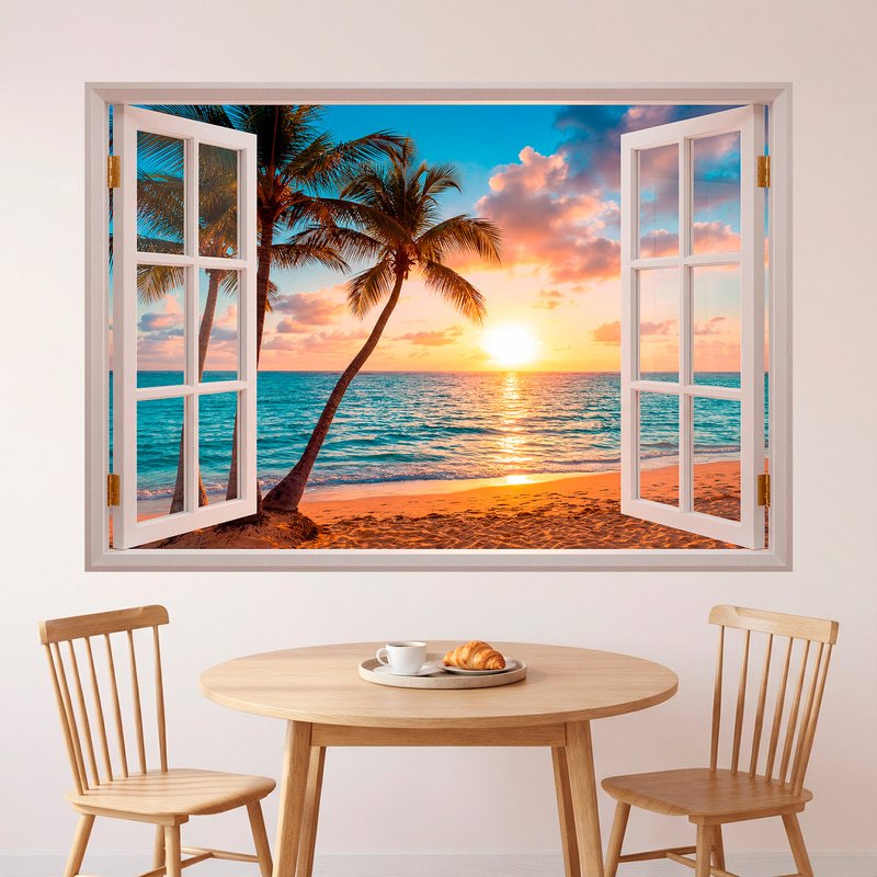 Vinilos Decorativos: Ventana Atardecer Tropical con Palmeras
