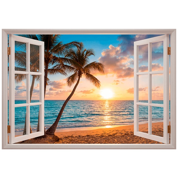 Vinilos Decorativos: Ventana Atardecer Tropical con Palmeras
