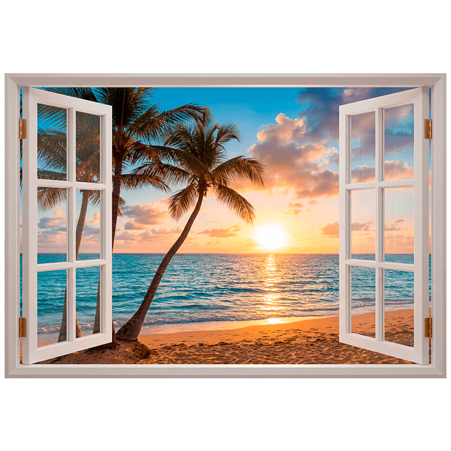 Vinilos Decorativos: Ventana Atardecer Tropical con Palmeras