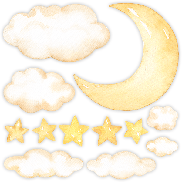 Vinilos Infantiles: Kit luna, nubes y estrellas de acuarela