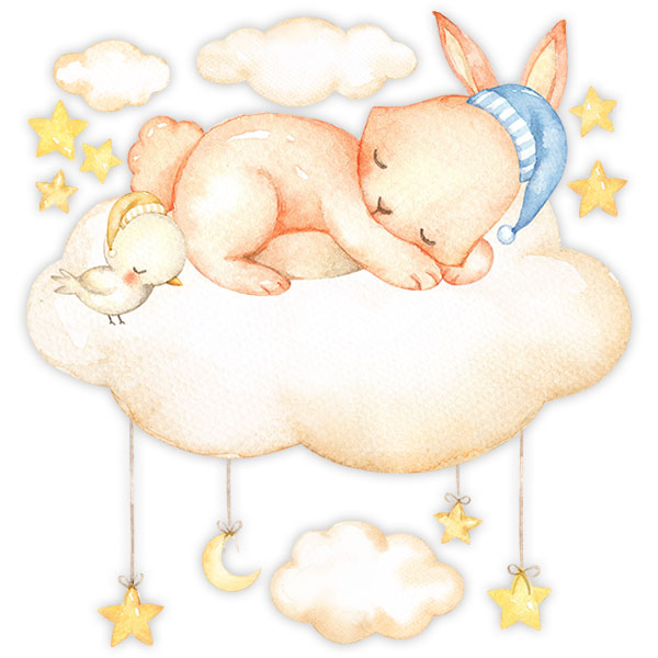 Vinilos Infantiles: Kit Conejo durmiendo sobre nubes