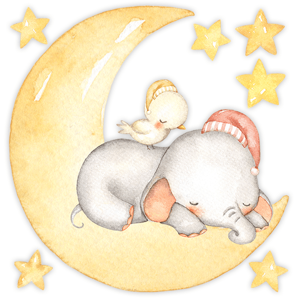 Vinilos Infantiles: Elefante y pollito durmiendo en la luna 0