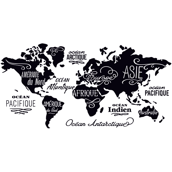 Pegatinas: Mapa del Mundo en francés, Océanos y Continentes